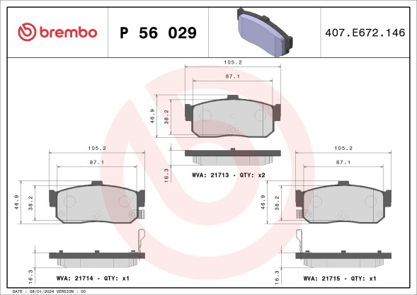 P56029 BREMBO Комплект гальмівних колодок з 4 шт дисків