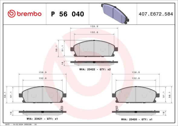 P56040 BREMBO Комплект гальмівних колодок з 4 шт дисків