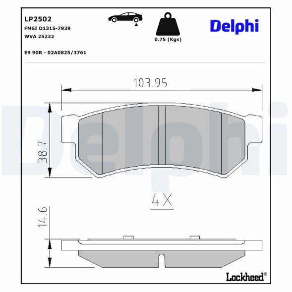 LP2502 DELPHI Комплект гальмівних колодок з 4 шт дисків