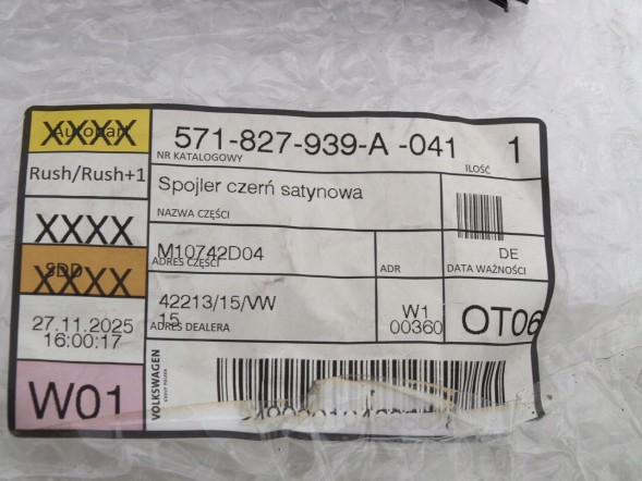 Volkswagen OE 571827939A041, 571 827 939 A 041 Спойлер задньої кришки багажника Volkswagen Tiguan III 3 лівий 571827939A041