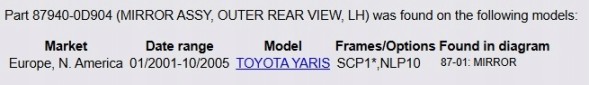 Toyota OE 87940-0D904 Зовнішнє дзеркало Ліве TOYOTA YARIS 01/2001-10/2005 Оригінал