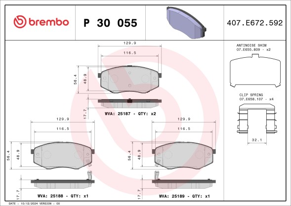 P30055 BREMBO Комплект гальмівних колодок з 4 шт дисків