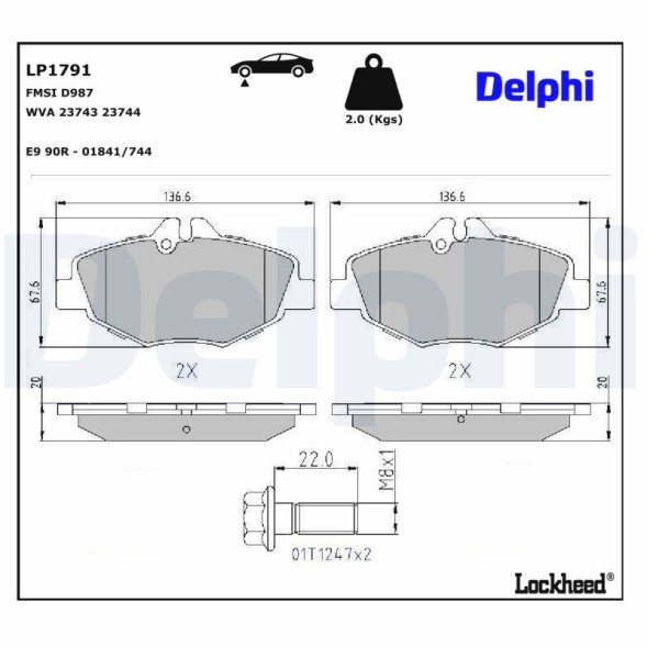 LP1791 DELPHI Комплект гальмівних колодок з 4 шт дисків