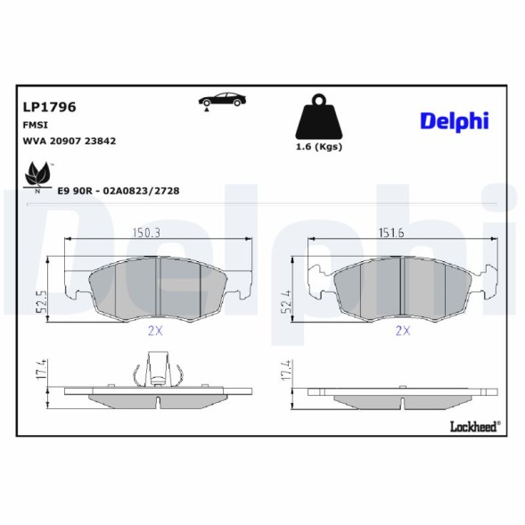 LP1796 DELPHI Комплект гальмівних колодок з 4 шт дисків