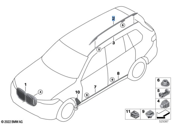 BMW OE Чорний даховий рейлінг, правий, для BMW 51138090458 X7 G07