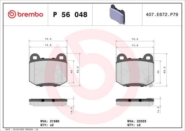 P56048 BREMBO Комплект гальмівних колодок з 4 шт дисків