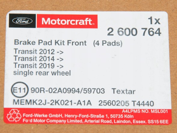 Ford OE MEBK2J-2K021-AA Гальмівні колодки передні custom 2012- ford oe