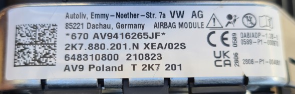 Volkswagen OE VW CADDY AIRBAG ПОДУШКА БЕЗПЕКИ ВОДІЯ 2K7880201N