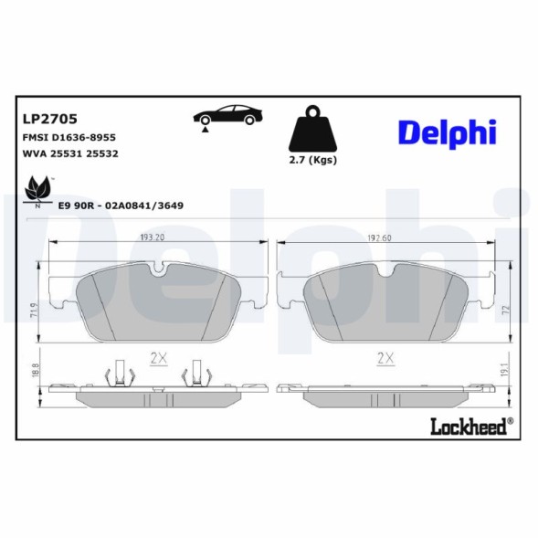LP2705 DELPHI Комплект гальмівних колодок з 4 шт дисків