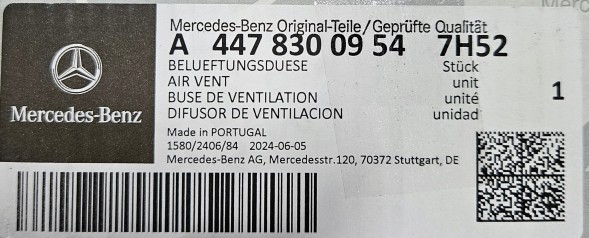 Mercedes-Benz OE A44783009547H52 БІЧНА ПРАВА РЕШІТКА ВЕНТИЛЯЦІЇ ПРИПЛИВУ ПОКРІВЛІ MERCEDES VITO КЛАС V 447