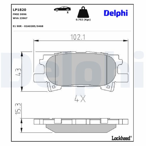 LP1820 DELPHI Комплект гальмівних колодок з 4 шт дисків