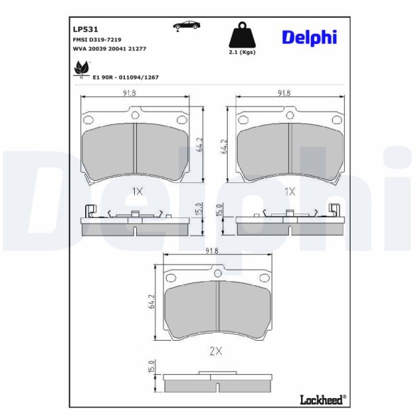 LP531 DELPHI Комплект гальмівних колодок з 4 шт дисків