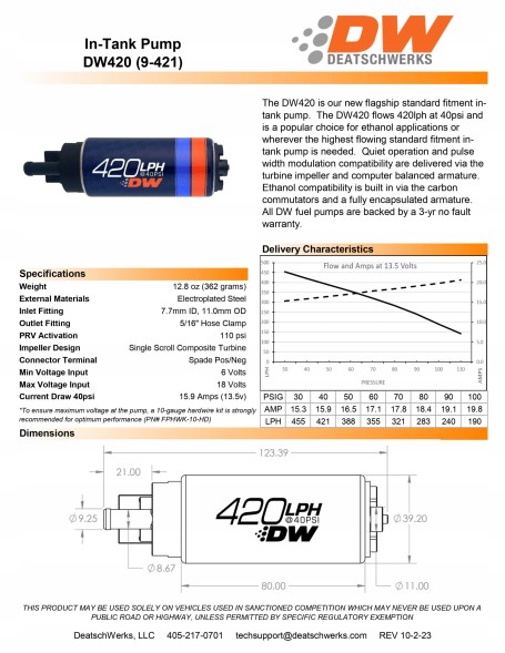 DeatschWerks USA-DW-9-421-1038 Паливний насос DeatschWerks DW420 420lph Cadillac CTS-V 04-07