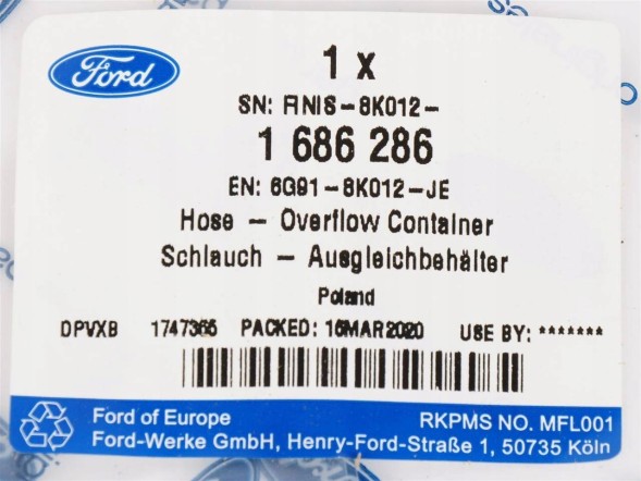 Ford OE 6G91-8K012-JE Шнур збирача надлишкового 2.5 duratec турбо