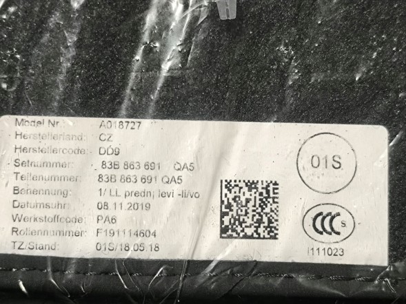 Audi OE 83B863691 German Teile АВТОМОБІЛЬНІ КОВРИКИ ВЕЛЮРОВІ КОМПЛЕКТ AUDI Q3 83A 83B863691