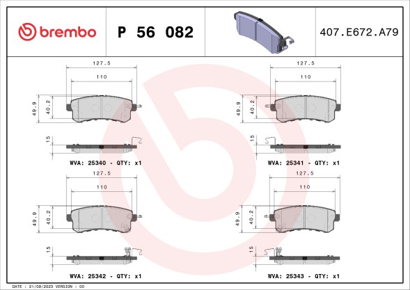 P56082 BREMBO Комплект гальмівних колодок з 4 шт дисків
