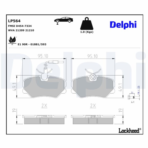 LP564 DELPHI Комплект гальмівних колодок з 4 шт дисків