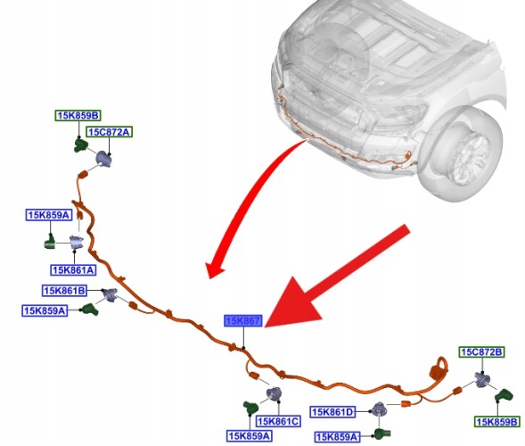 Ford OE JB3T-15K867-AD, JB3Z15K867J ДЖГУТ ПРОВОДІВ ДЛЯ ПЕРЕДНІХ ДАТЧИКІВ ПАРКУВАННЯ (PDC) FORD RANGER 2019-2020 ОРИГІНАЛ OEM 2359119 _ JB3T-15K867-AD