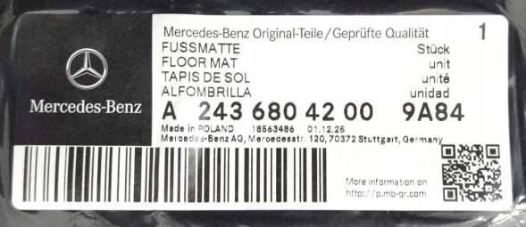 Mercedes-Benz OE Велюрові килимки Mercedes EQB W243 A2436804200 9A84