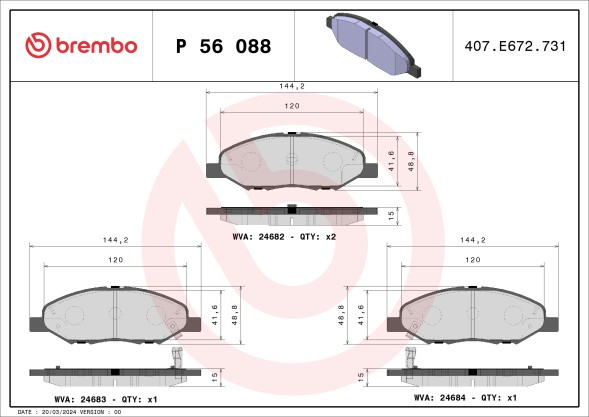 P56088 BREMBO Комплект гальмівних колодок з 4 шт дисків