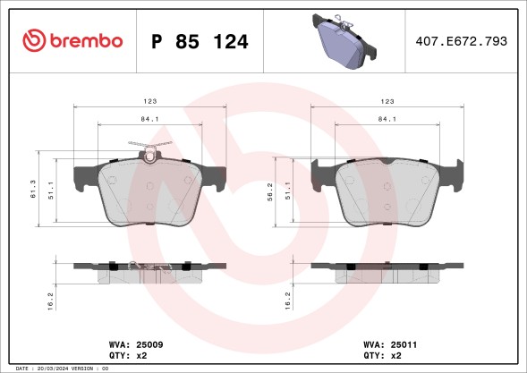 P85124 BREMBO Комплект гальмівних колодок з 4 шт дисків