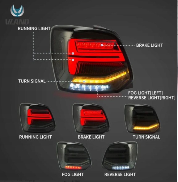 CHINA 6RD945095 Задні ліхтарі комплект vland full led neon tuning smoke для vw polo v 5 6r 2009-2017