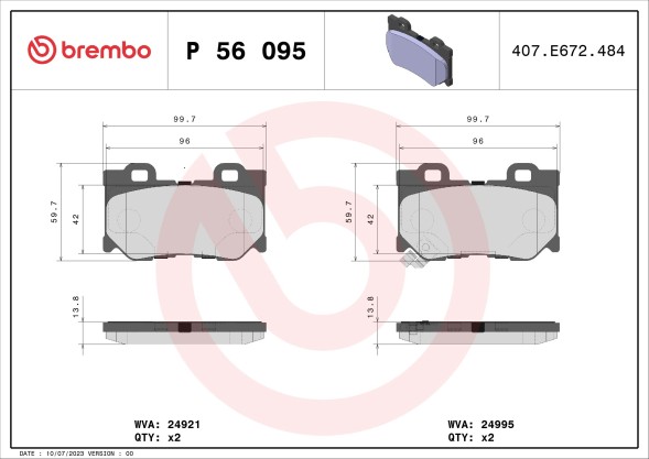 P56095 BREMBO Комплект гальмівних колодок з 4 шт дисків
