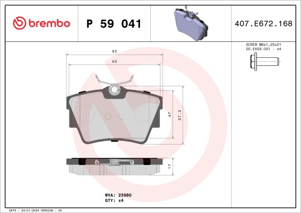 P59041 BREMBO Комплект гальмівних колодок з 4 шт дисків
