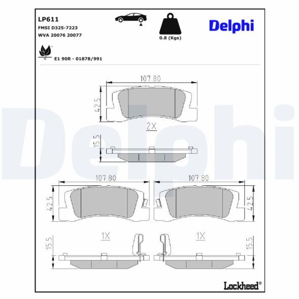 LP611 DELPHI Комплект гальмівних колодок з 4 шт дисків
