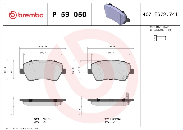 P59050 BREMBO Комплект гальмівних колодок з 4 шт дисків
