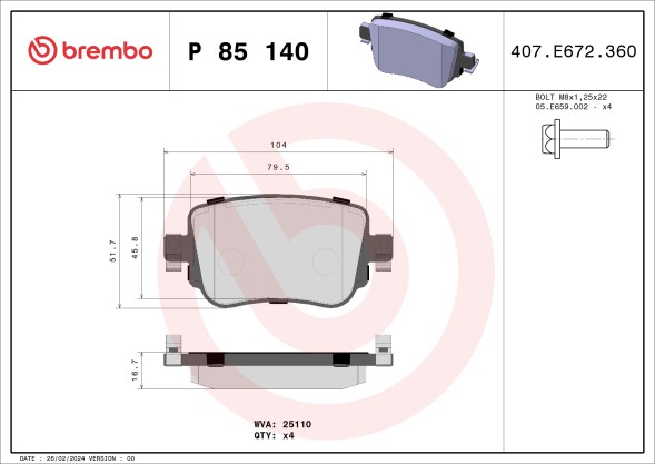 P85140 BREMBO Комплект гальмівних колодок з 4 шт дисків