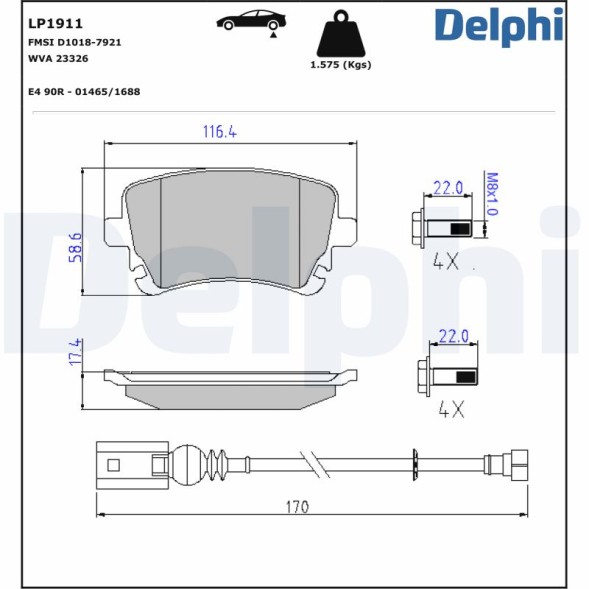 LP1911 DELPHI Комплект гальмівних колодок з 4 шт дисків