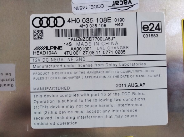 Volkswagen OE 4H0 035 108 E AUDI A6 A7 A8 VW DVD ЧЕЙНДЖЕР 4H0035108E
