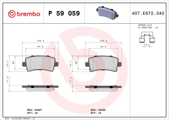 P59059 BREMBO Комплект гальмівних колодок з 4 шт дисків