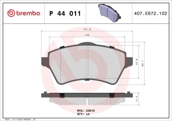 P44011 BREMBO Комплект гальмівних колодок з 4 шт дисків