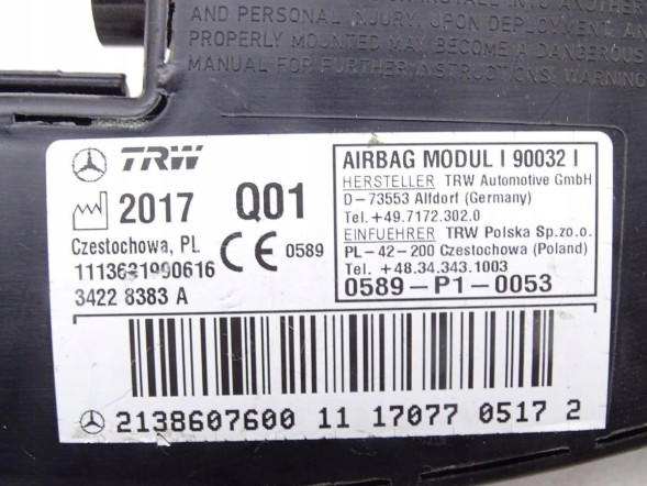Mercedes-Benz OE 2138607600 GBI_BMW P MERCEDES E-KLASA W213 16-23 ПОДУШКА AIRBAG СИДІННЯ ПРАВА ОРИГІНАЛ НОВА