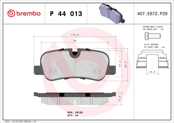P44013 BREMBO Комплект гальмівних колодок з 4 шт дисків