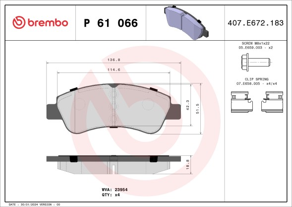 P61066 BREMBO Комплект гальмівних колодок з 4 шт дисків