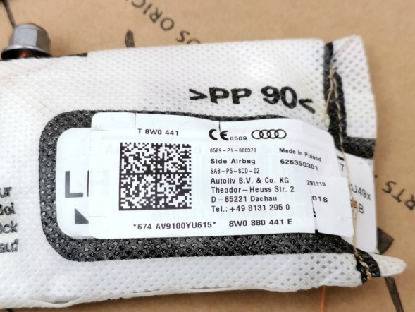 Audi OE 8W0880441E, Poduszka powietrzna airbag, DWP525947, 8W0880441G, 8W0880441D ПОДУШКА БЕЗПЕКИ ЗАДНЬОГО ДИВАНУ ЛІВА AIRBAG AUDI A4 B9 8W0880441E ОРИГІНАЛ