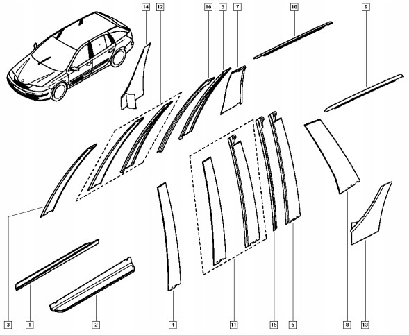 Renault OE RENAULT LAGUNA II ПЛАНКА КРИШКИ СТІЙКИ ПРАВА ПЕРЕДНЯ ЗАДНЯ 7701207946