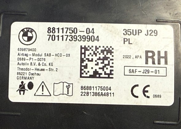 BMW OE TOYOTA SUPRA A90 2019-> ПРАВА БОКОВА ПОДУШКА БЕЗПЕКИ AIRBAG СИДІННЯ 8811750