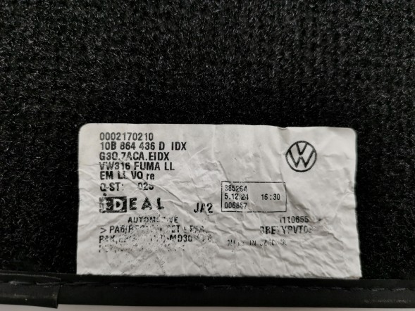 Volkswagen OE 10B864435C OE Велюрові килимки, комплект VW ID.3 10B864435C ORG