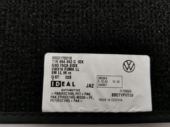 Volkswagen OE 10B864435C OE Велюрові килимки, комплект VW ID.3 10B864435C ORG