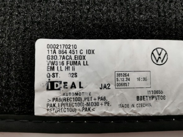 Volkswagen OE 10B864435C OE Велюрові килимки, комплект VW ID.3 10B864435C ORG