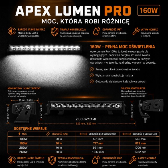 Chiny 4067-3101C Робоча LED планка Apex Lumen Pro 160W – біла 80 см IP67 6500K