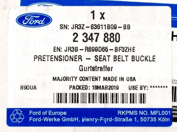 Ford OE JR3B-R699D65-BF3ZHE Ремінь 2018 безпеки 2019 лівий 2020 водія 2021 Mustang 2022 VI LIFT