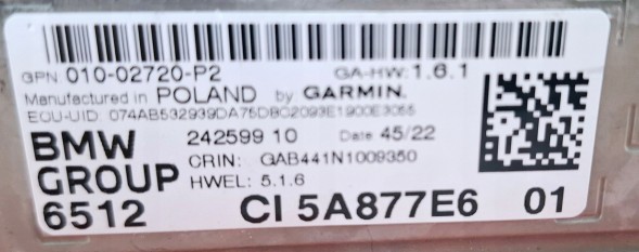 BMW OE Garmin Headunit Висока аудіо навігація MGU22 - 5A877E6 65125A877E6