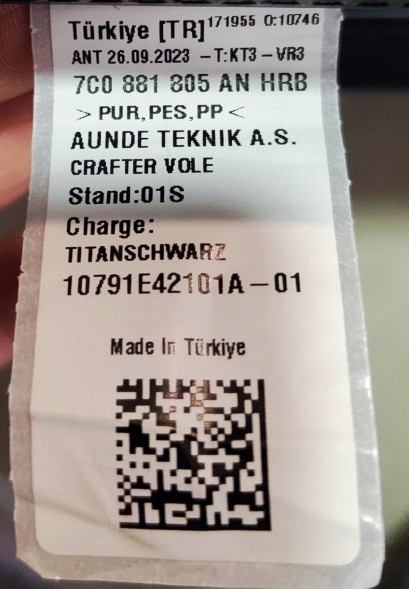 Volkswagen OE 7C0881805AN VW TCRAFTER переднє сидіння обшивка матеріал оригінал TITANSCHWARZ 7C0