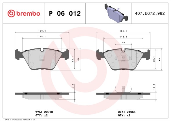 P06012 BREMBO Комплект гальмівних колодок з 4 шт дисків