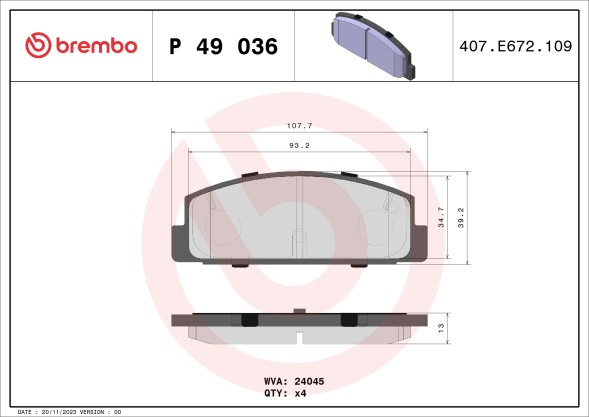 P49036 BREMBO Комплект гальмівних колодок з 4 шт дисків